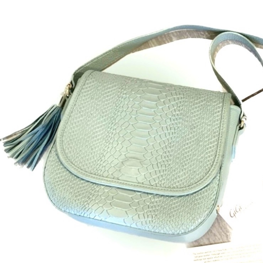 Gigi NY crossbody Purse Green Python Leather shoulder bag Saddle dust bag NEW - Picture 3 of 6